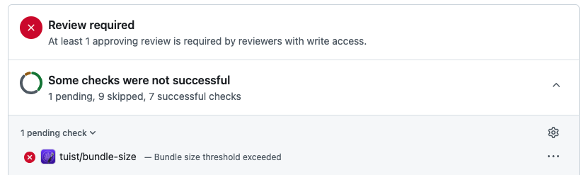 PR status check showing bundle size threshold exceeded