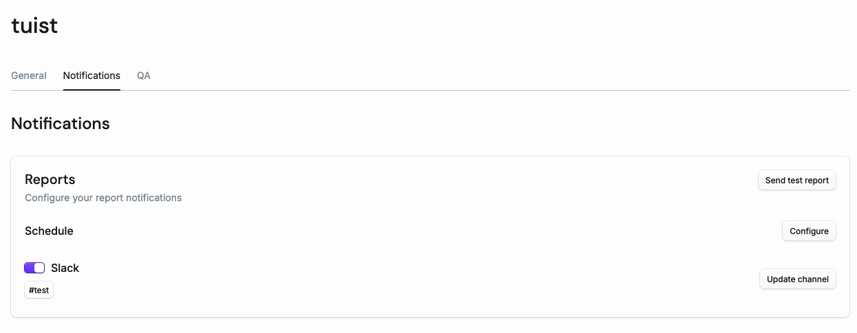 An image that shows the notifications settings with Slack report configuration