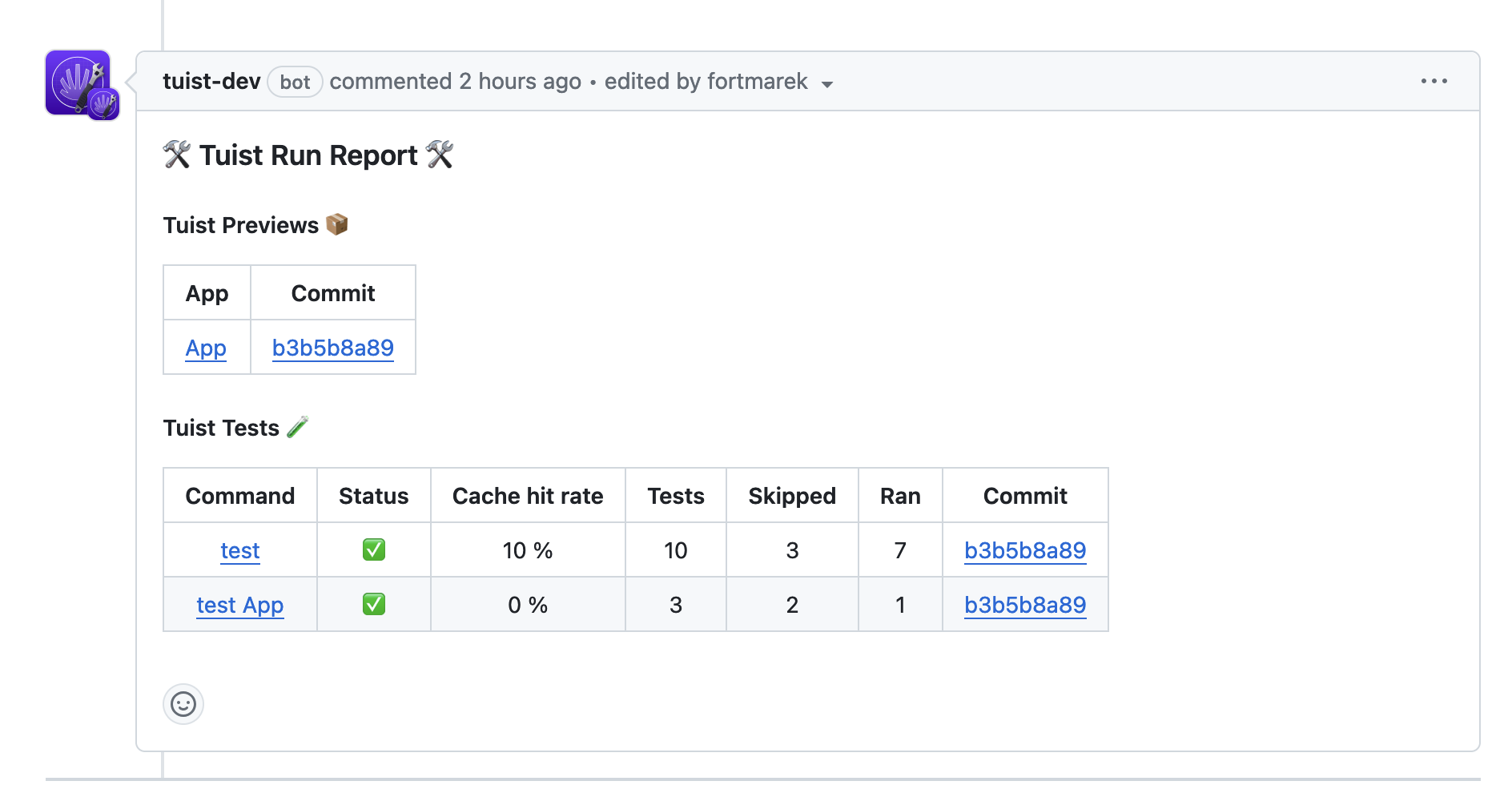 A screenshot that shows a GitHub comment with some links to run previews and the results from running tests