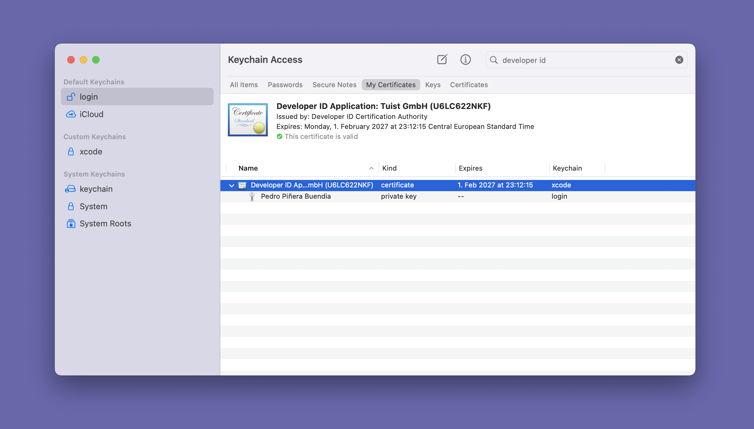 A screenshot that shows the keychain and the 'Developer ID Application' certificate in the list