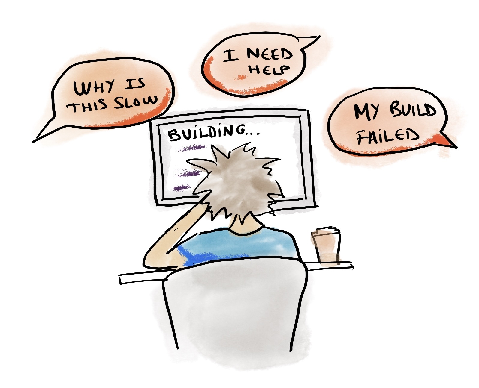 Illustration of a developer overwhelmed by build and performance questions while staring at a computer showing a build in progress.