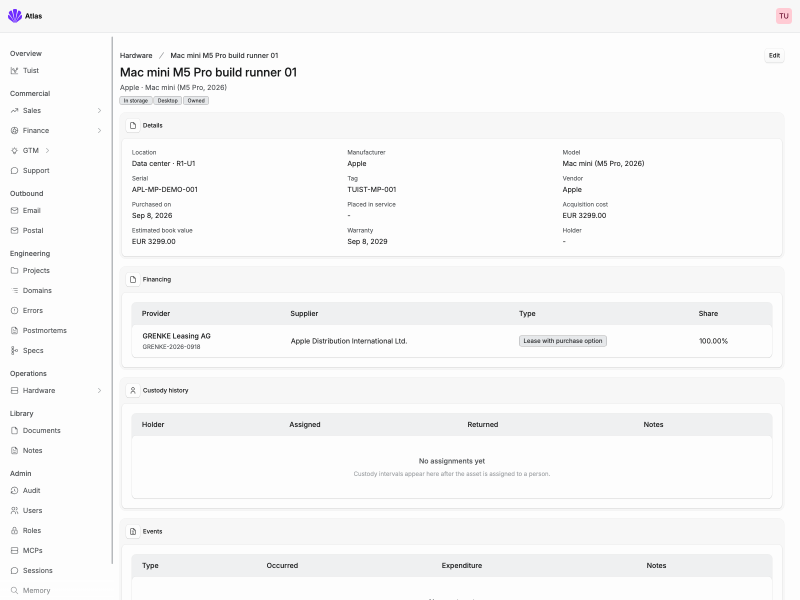 Atlas hardware detail page for a Mac mini M5 Pro build runner, with its data center location, warranty, acquisition details, and financing arrangement