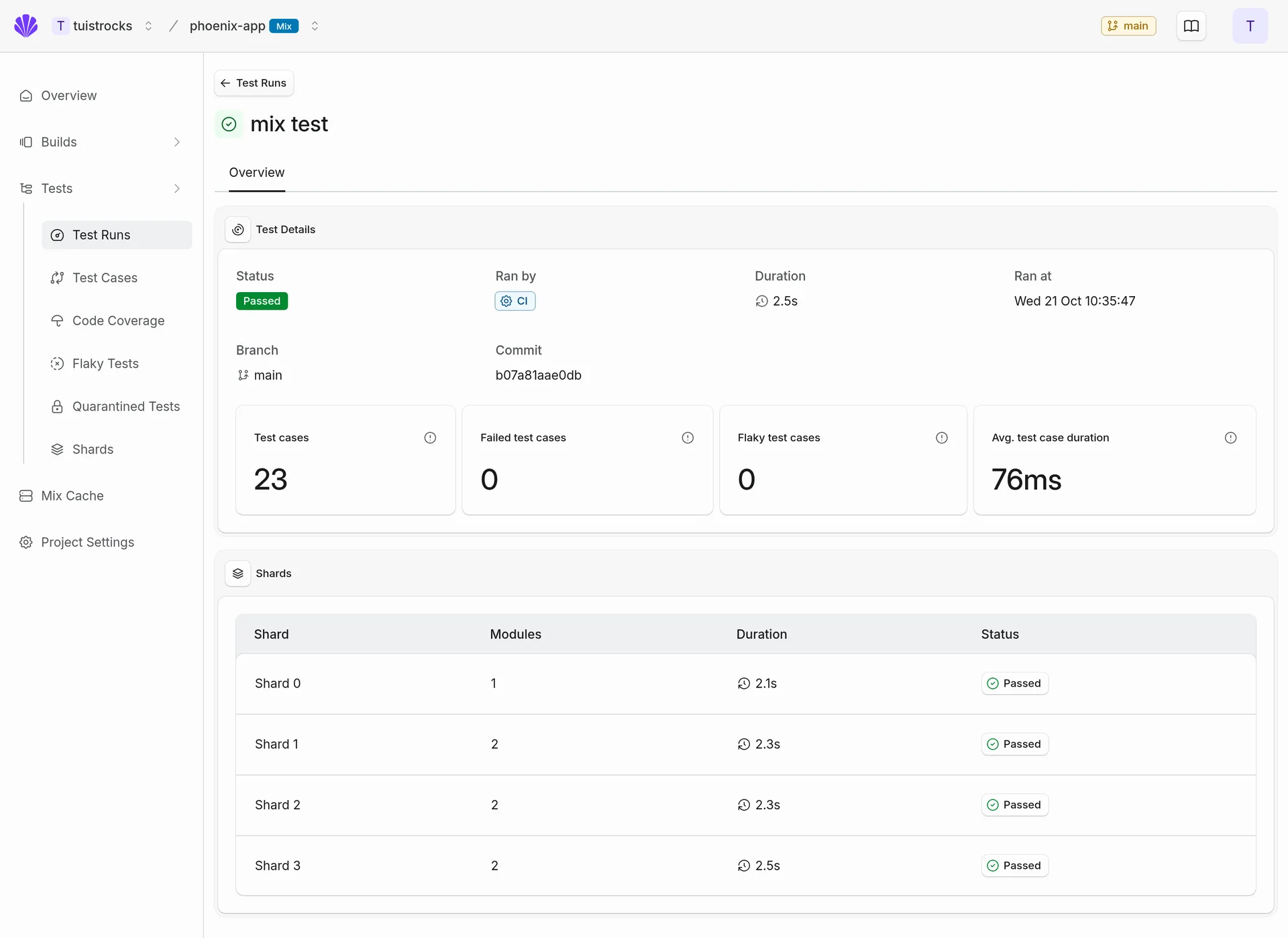 An Elixir test run combining results from four shards, with their individual durations