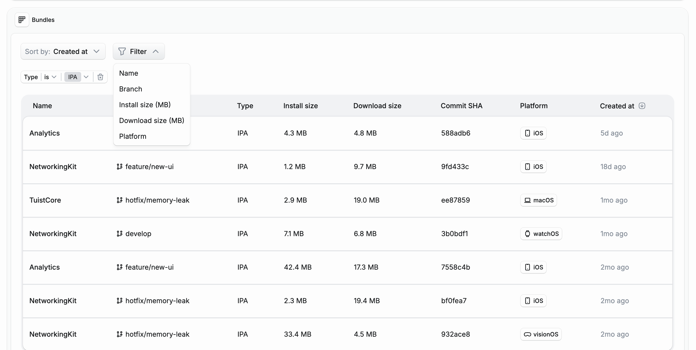 Bundles interface with filtering options