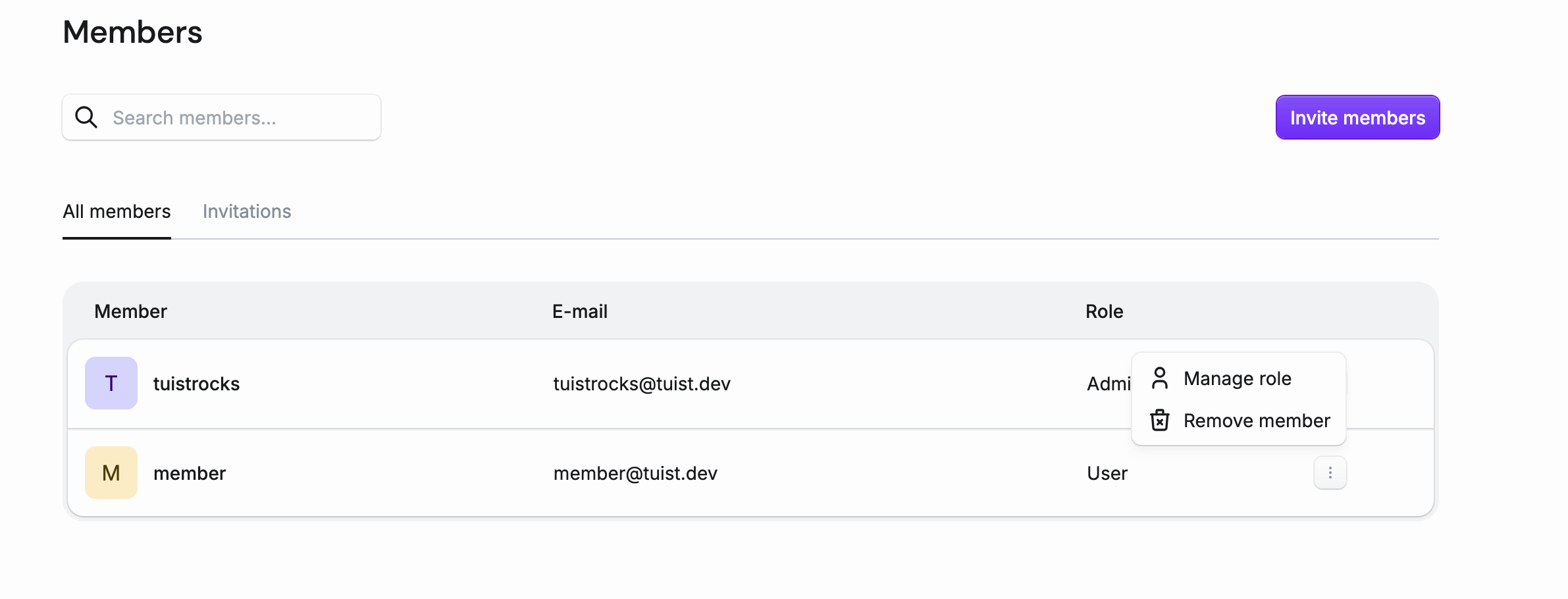 Member management dropdown showing manage role and remove member options