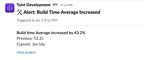 Slack alert notification showing build time regression