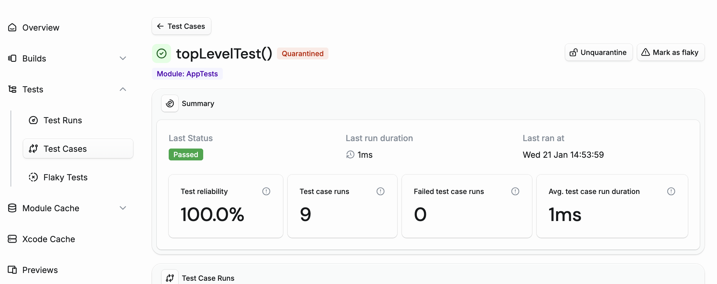 Test case detail page showing a quarantined test with Unquarantine button