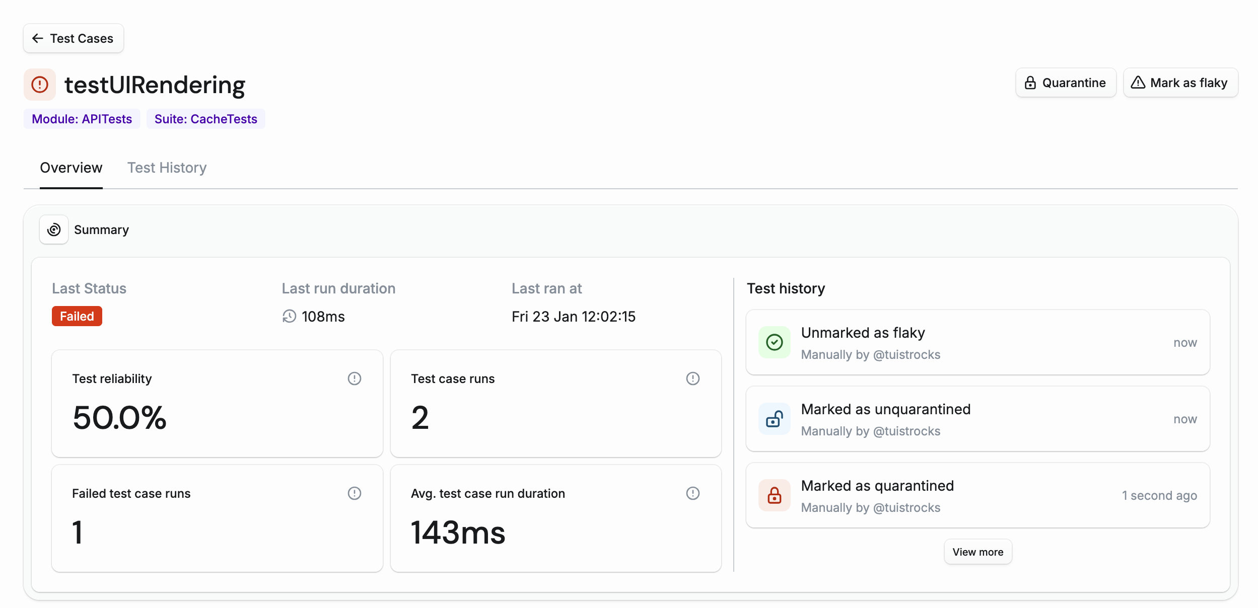 Test case detail page showing the Test History tab with a timeline of events
