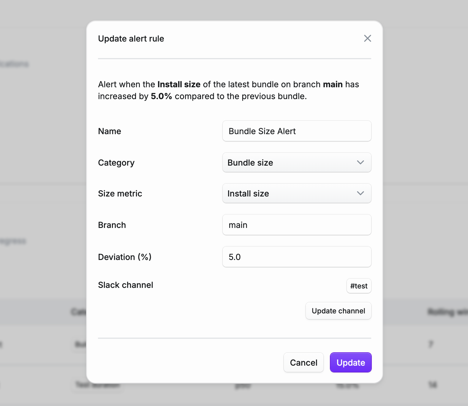 Bundle size alert rule configuration