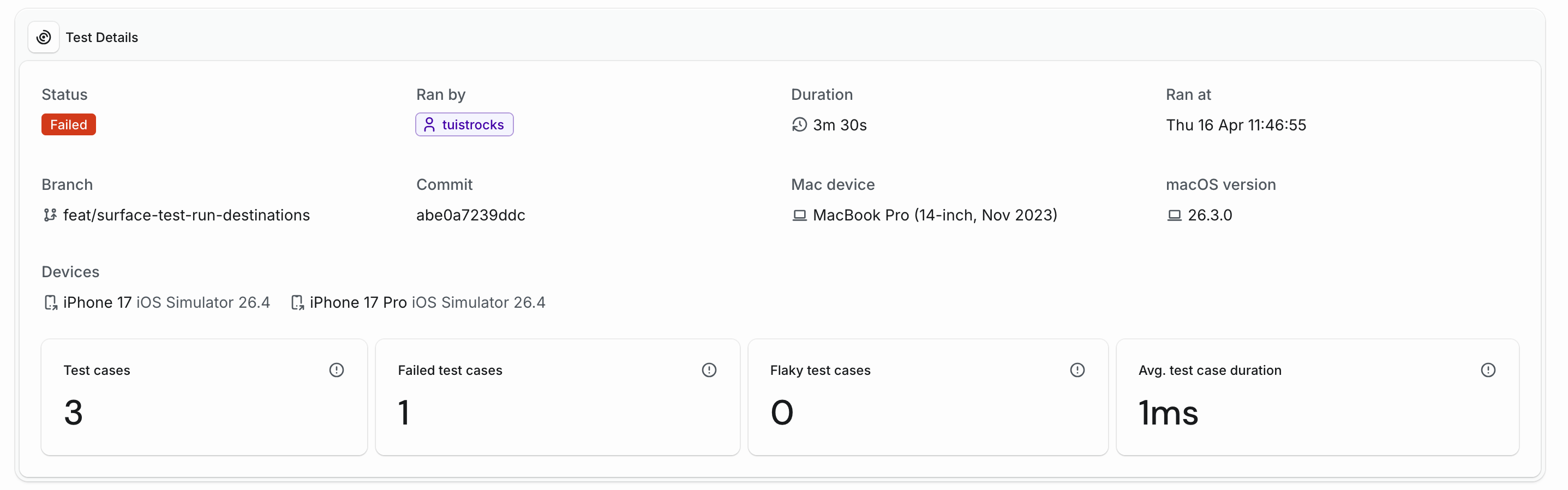 Test run details with a Devices row listing iPhone 17 and iPhone 17 Pro on iOS Simulator 26.4