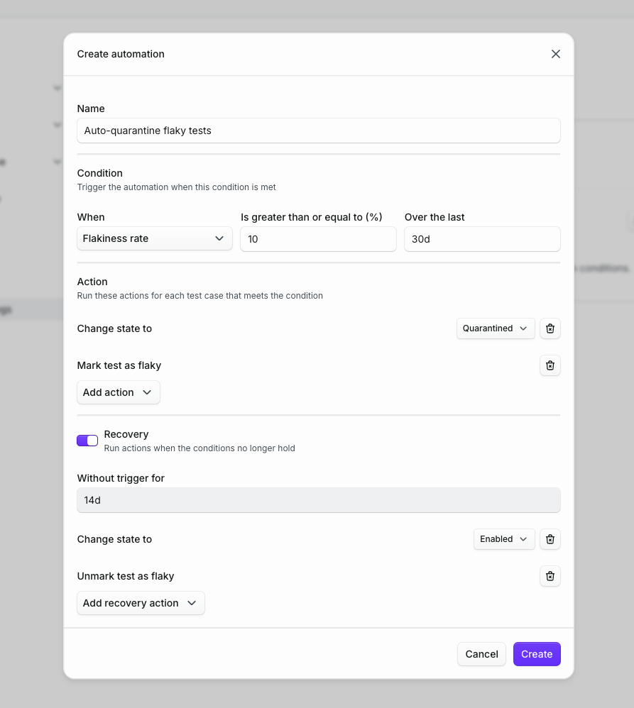 The Create automation modal configured to auto-quarantine tests with a flakiness rate of 10% or more over the last 30 days, marking them flaky and recovering after 14 days without a trigger