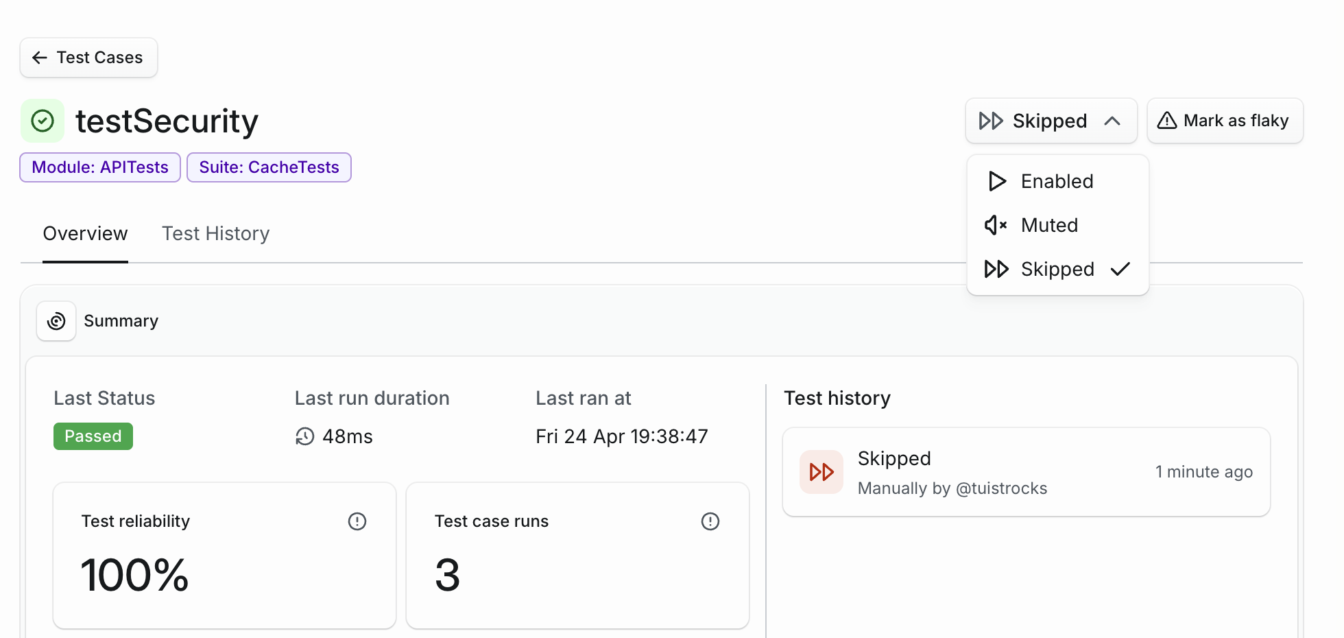 Test case detail page with the state dropdown open on Enabled, Muted, and Skipped