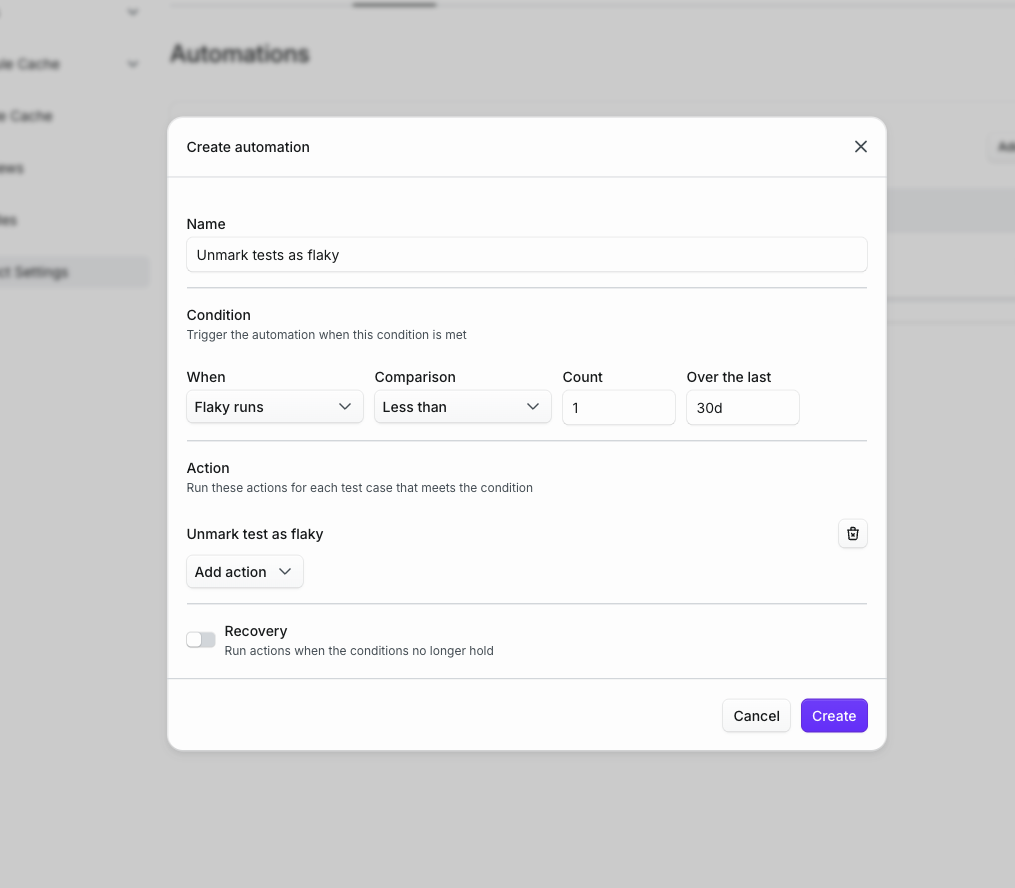 The Create automation modal configured to unmark tests as flaky when their flaky run count drops below 1 over the last 30 days