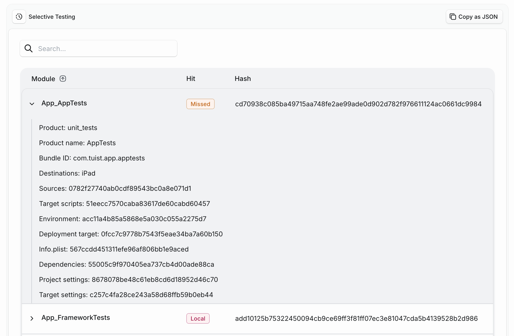 Selective Testing tab with an expanded test target showing its subhashes alongside the Copy as JSON button