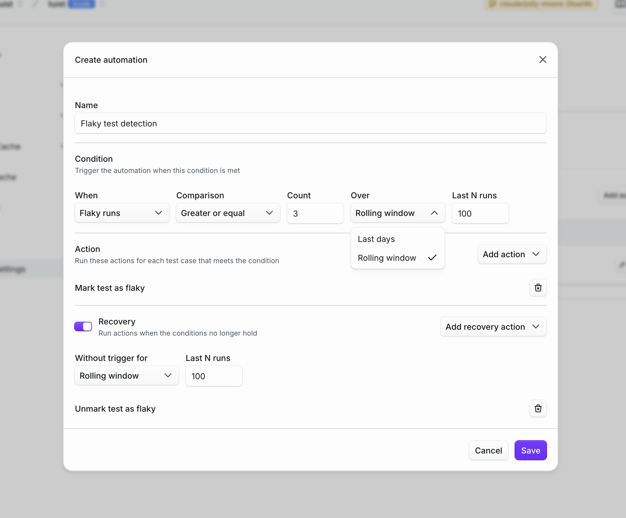 The Create automation modal with the new Over dropdown set to Rolling window and Last N runs configured for both the trigger and recovery