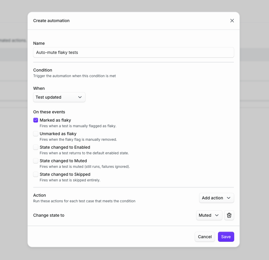 The Create automation modal with the Test updated trigger, the Marked as flaky event subscription checked, and a Change state to Muted action