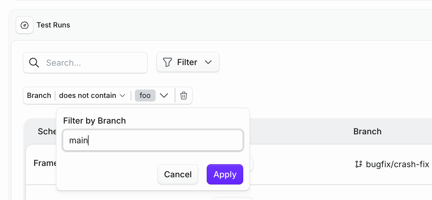 Test runs page with a branch filter set to does not contain