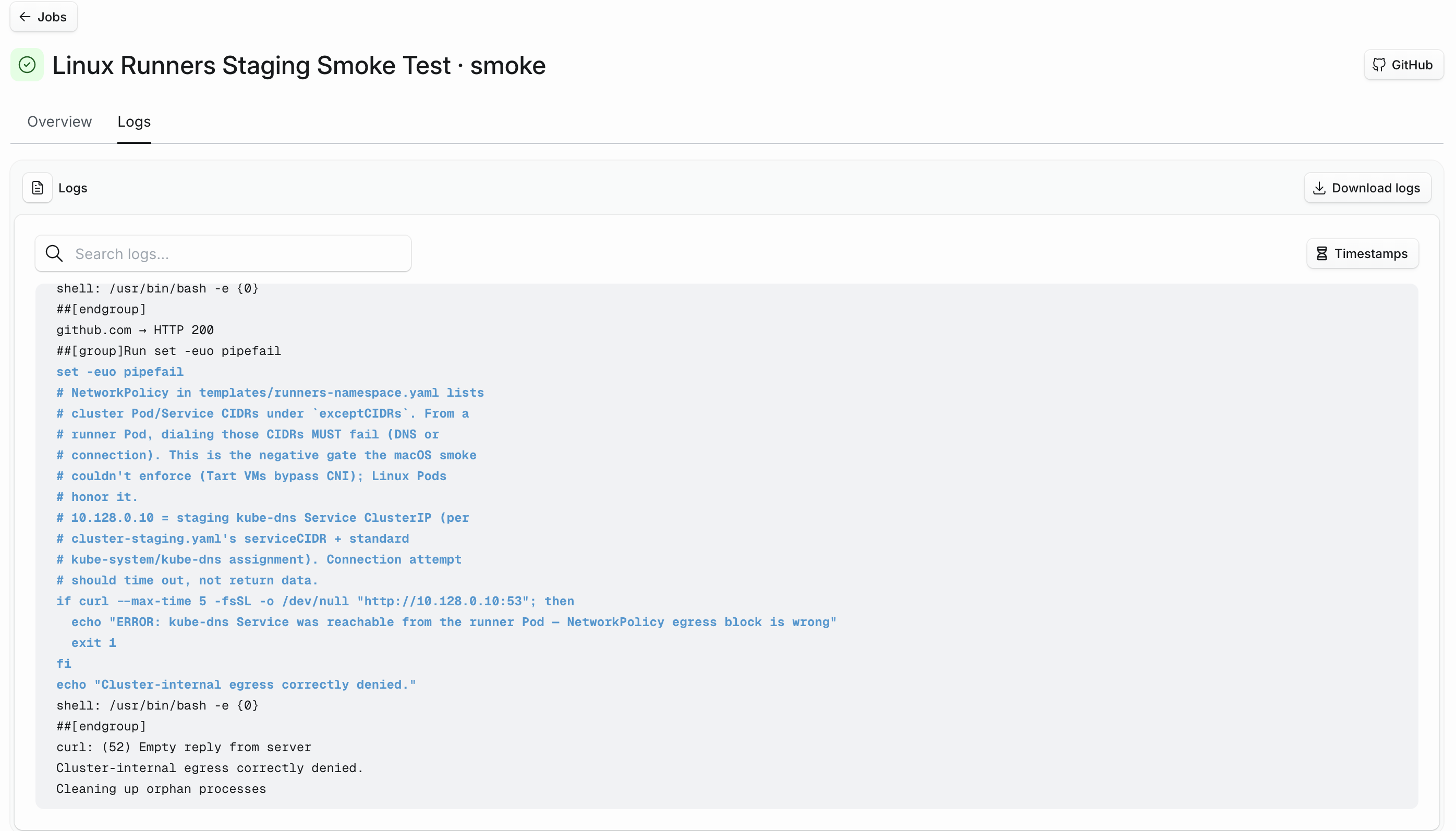 The Logs tab on the same job, showing the live-tail view with cyan-coloured script lines, plain command output, and grey ANSI-rendered annotations all flowing together in a single scrollable terminal-styled panel