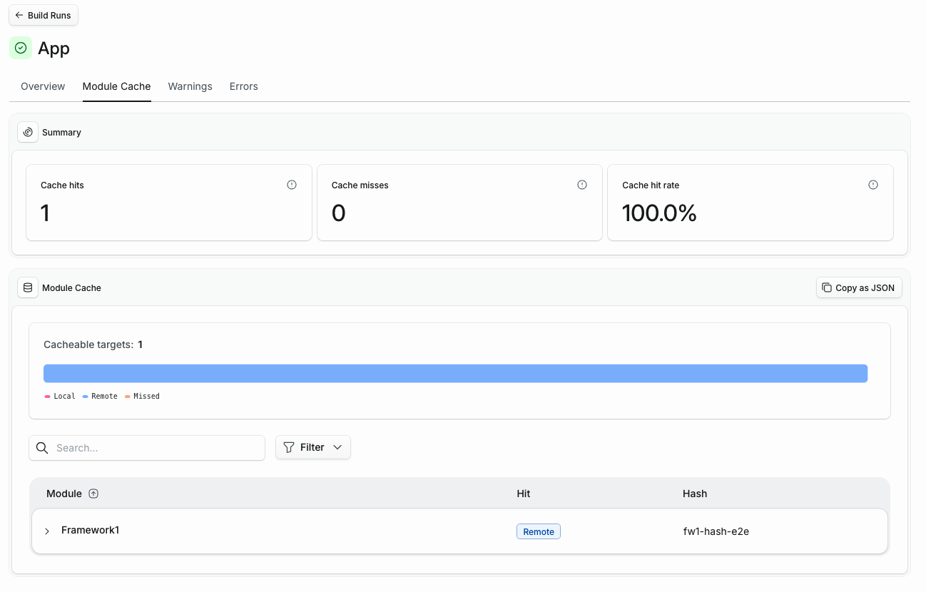Module Cache tab on a build run made from Xcode, showing a module resolved from the remote cache with a 100% cache hit rate