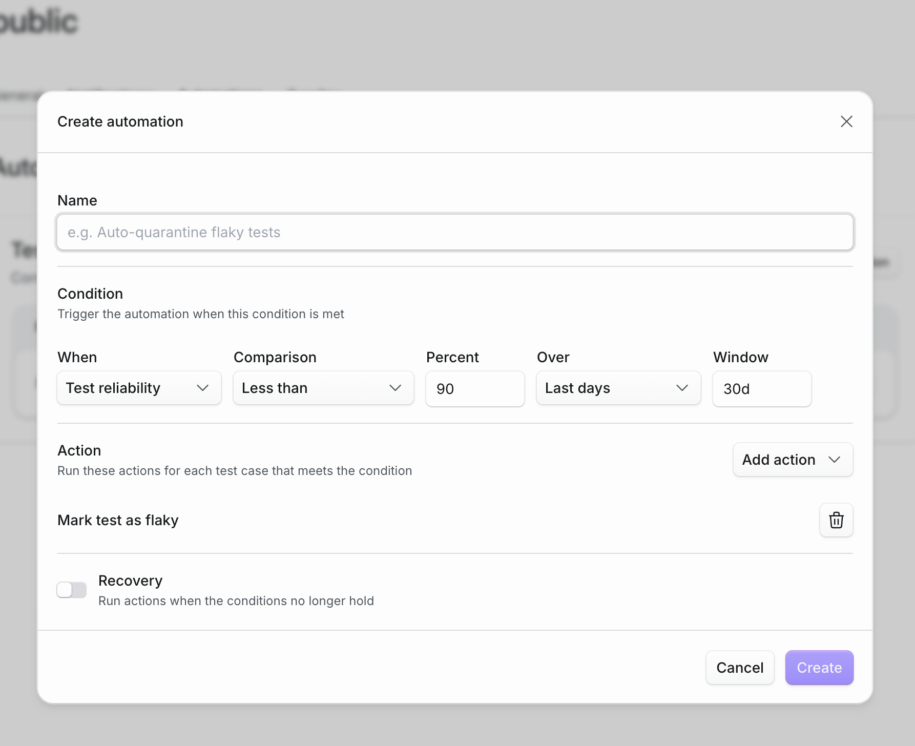 The Create automation modal configured to mark tests as flaky when their test reliability is less than 90% over the last 30 days