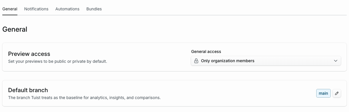 The Default branch card in a project's General settings, showing the current branch as a "main" badge with an edit button