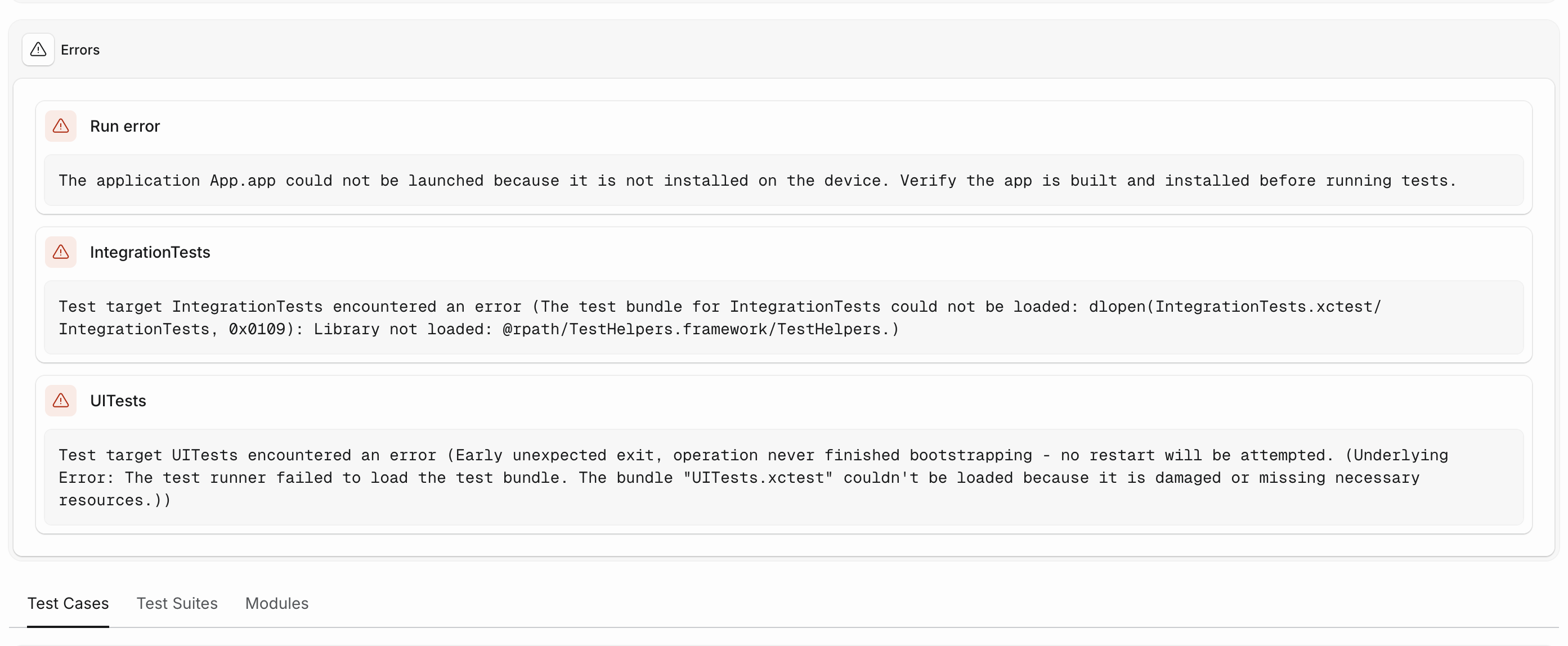 The Errors card on a test run page, listing a run-level error where the app couldn't be launched and two targets, IntegrationTests and UITests, whose test bundles failed to load, each shown with its error message