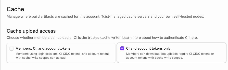 Cache upload access setting with CI and account tokens only selected