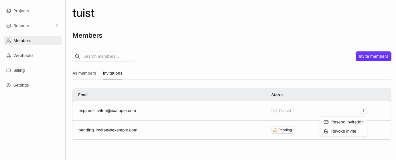 The organization members page showing the Invitations tab with one expired invite, one pending invite, and the resend invitation action open