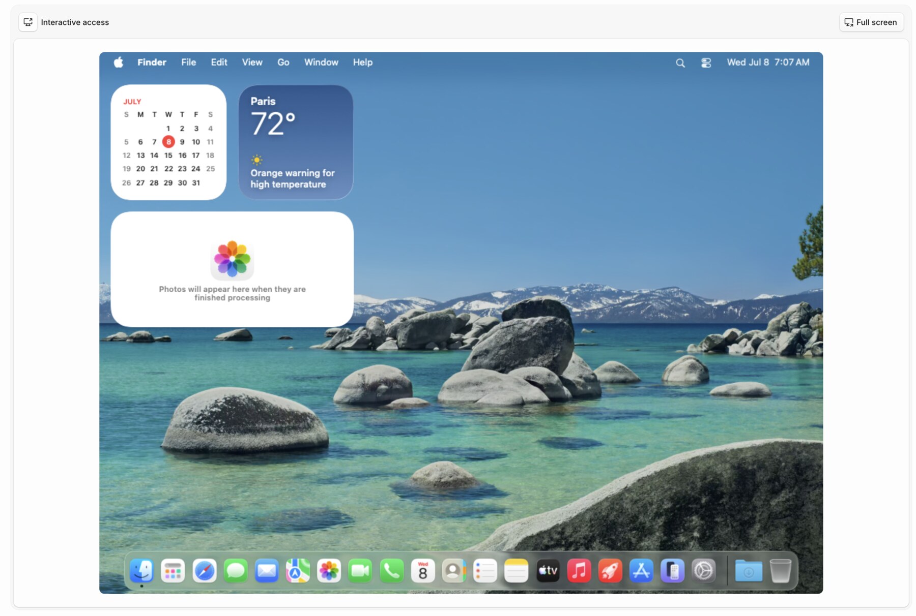 The Interactive access tab on a running macOS runner job, showing the live macOS desktop over VNC with a Full screen button in the toolbar