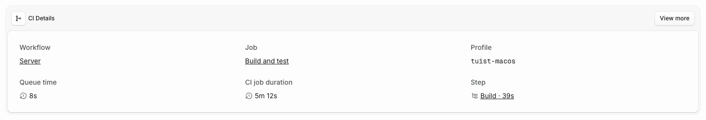 A build run detail page with Build Details followed by a CI Details card linking to the Tuist Runner workflow, job, profile, queue time, CI job duration, and matched step