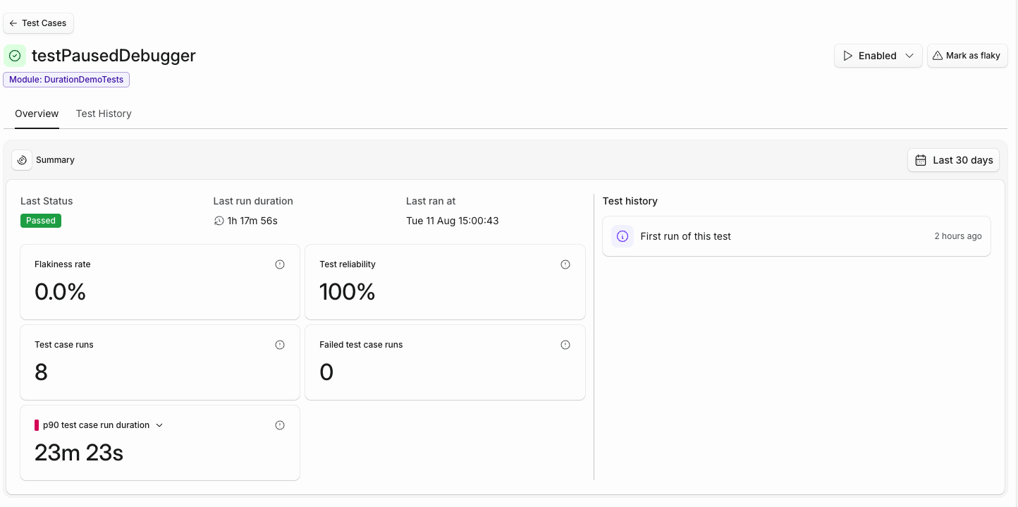 Summary metrics for a single test case, showing the p90 run duration selected from a dropdown