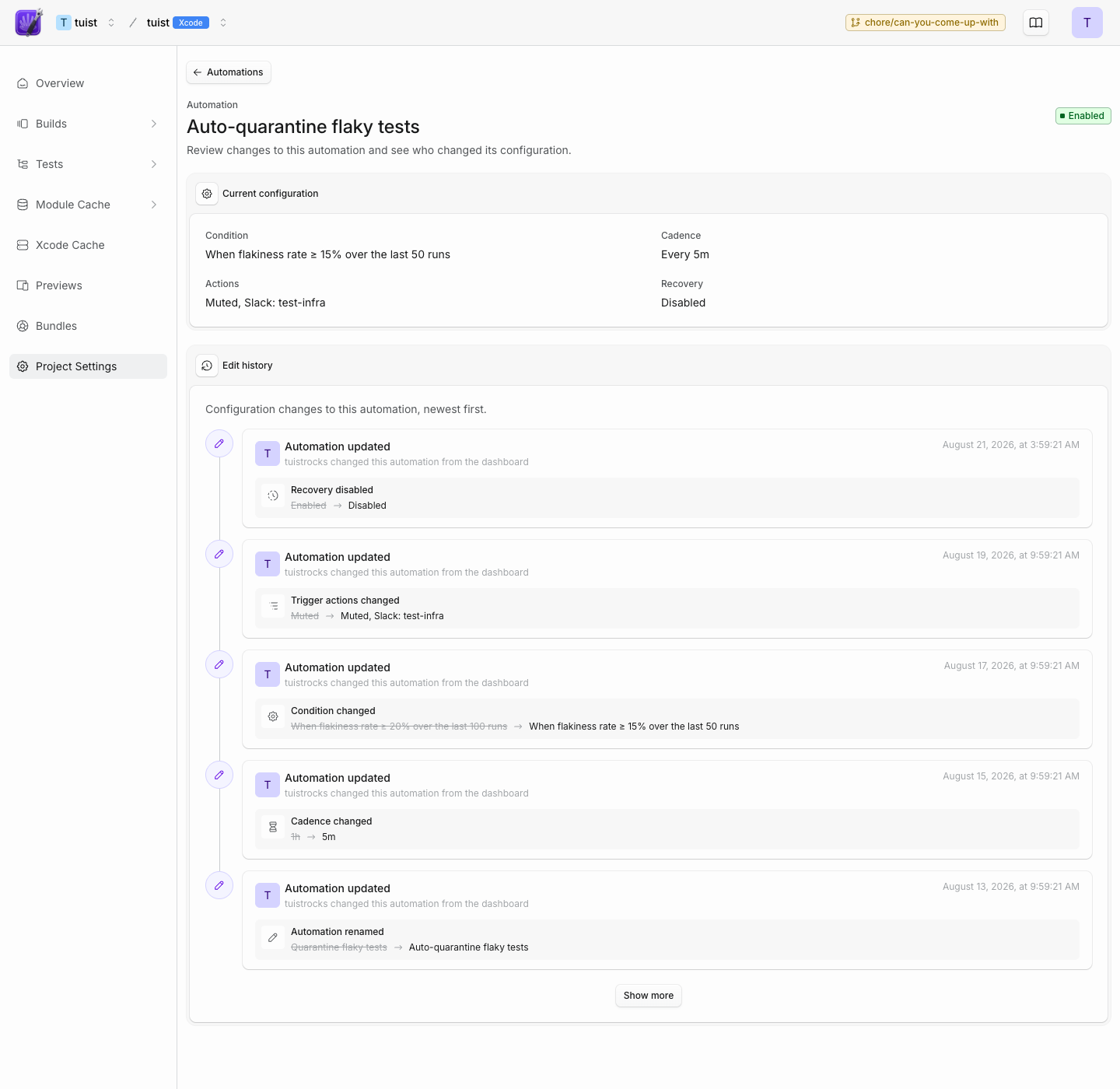 Automation configuration history with a centered Show more button