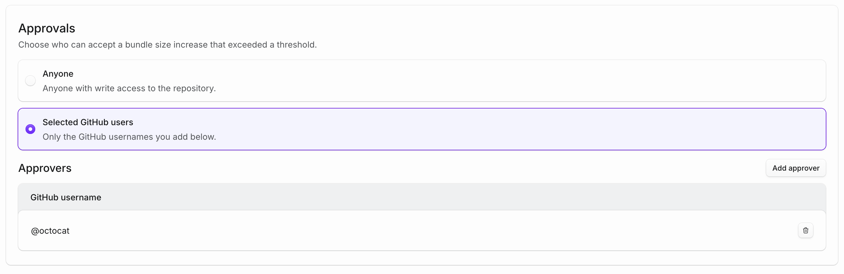 The Approvals section of a project's bundle settings, with the policy set to selected GitHub users and one approver listed