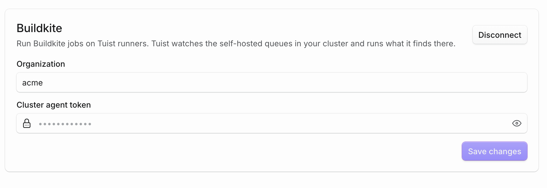 The Buildkite card in Tuist settings, showing a connected organization and its cluster agent token