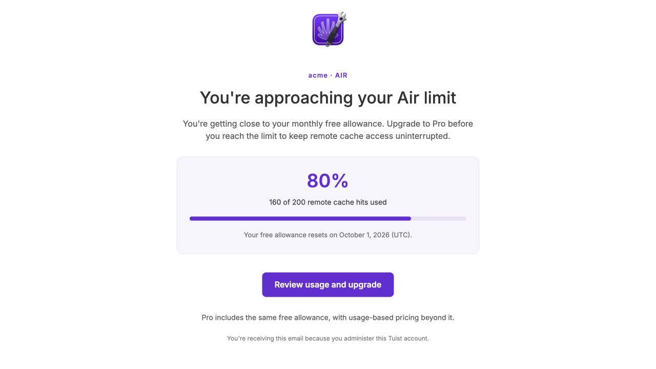 Air usage warning email showing 160 of 200 remote cache hits used and a link to review usage and upgrade
