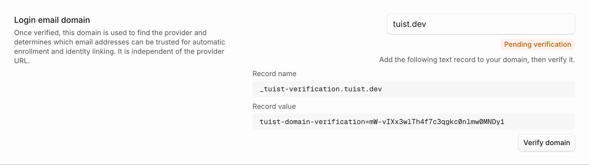 The Login email domain setting in the Tuist dashboard, showing a pre-filled domain pending verification with the DNS text record name and value to publish and a Verify domain button