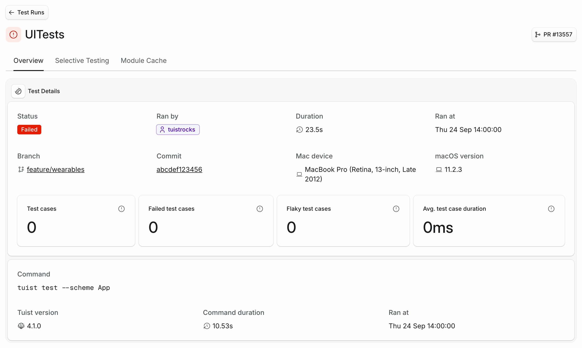 Test run page with a PR #13557 button in the header
