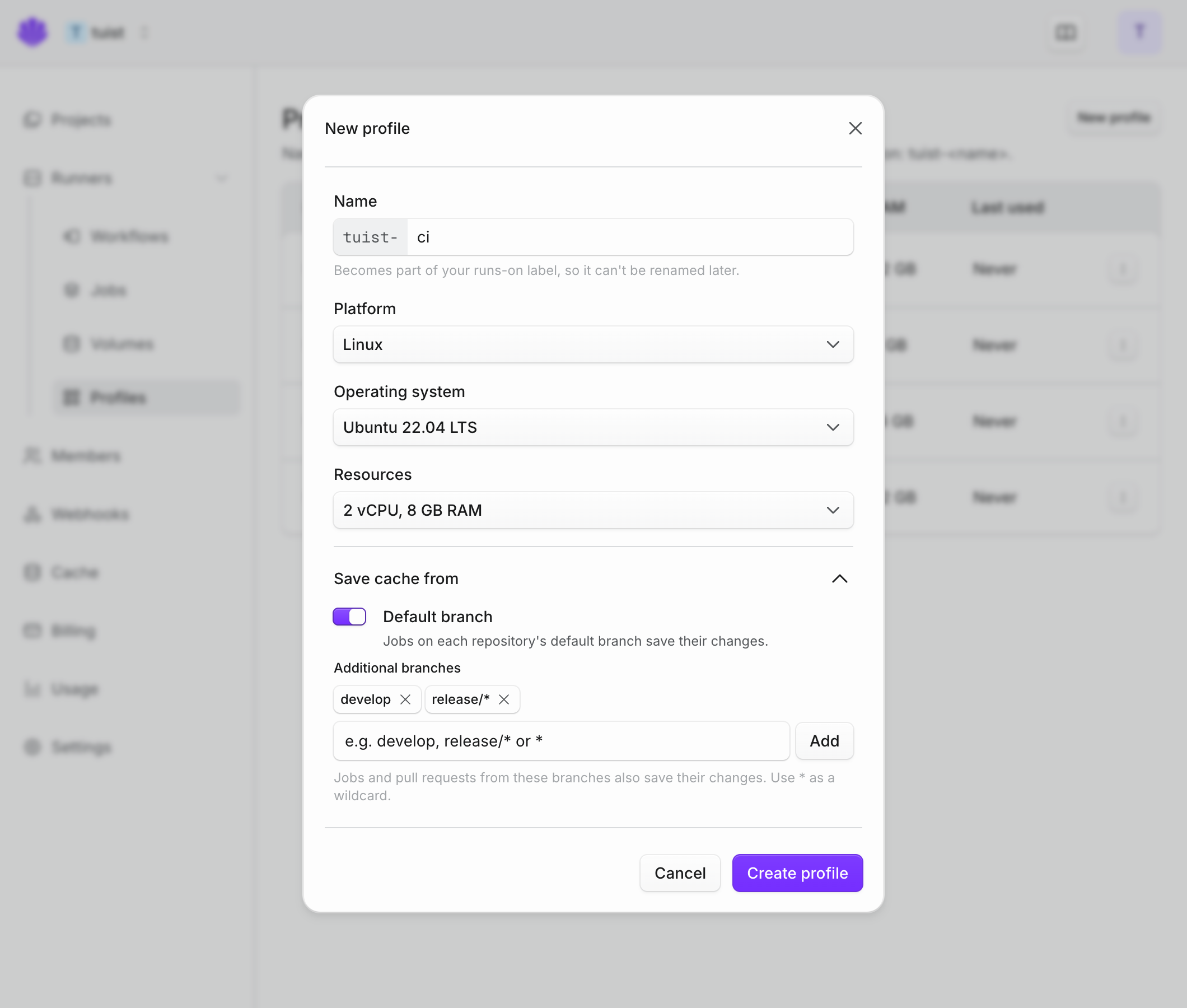 The runner profile form with the Save cache from section expanded, with Default branch turned on and develop and release/* added as additional branches