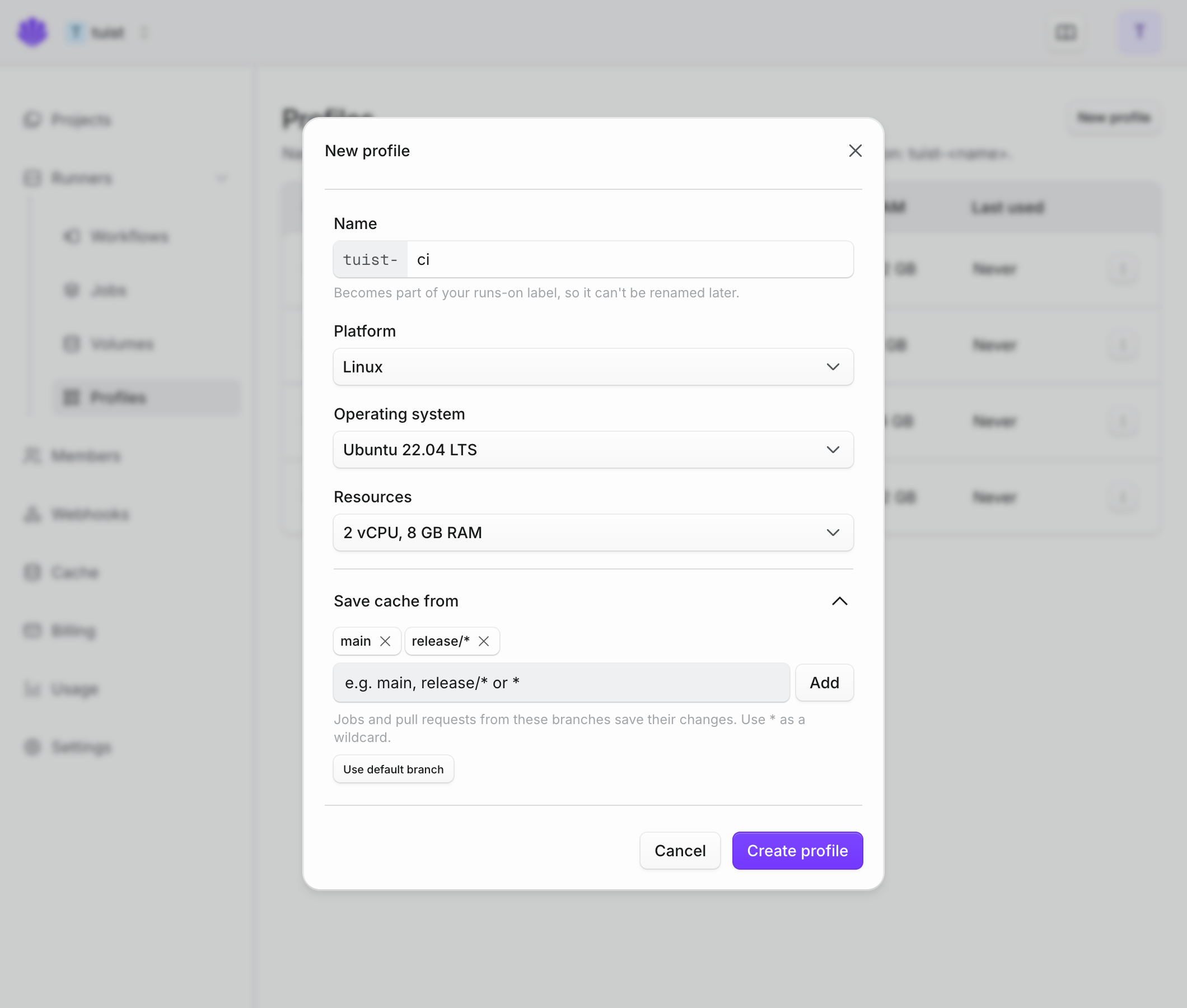 The runner profile form with the Save cache from section expanded, listing main and release/* as branches that save their changes