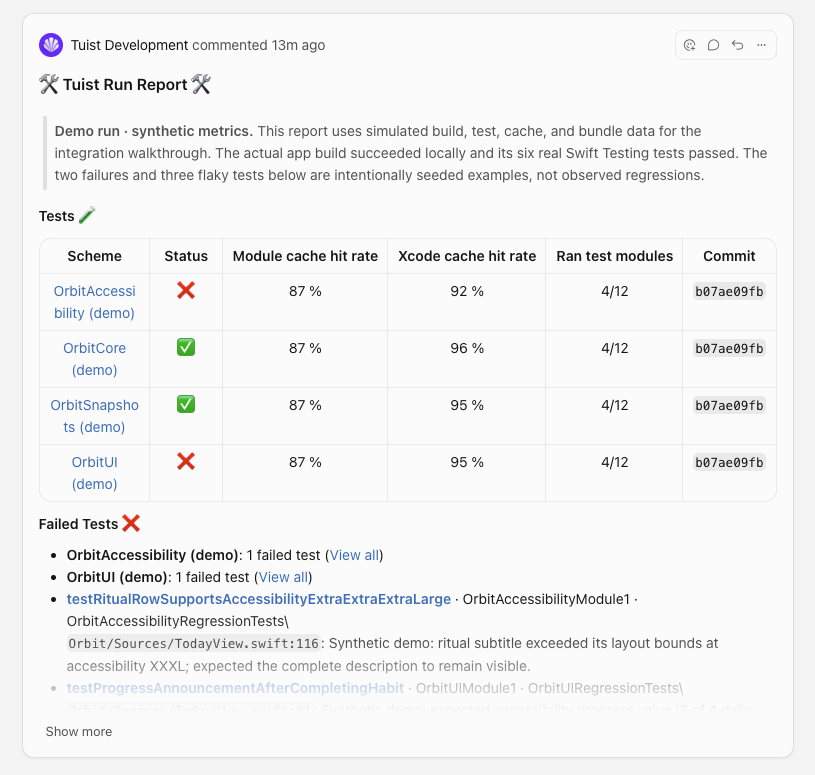 The Tuist Development app posting a Run Report on an Origin pull request, with test results, cache hit rates, and failure diagnostics