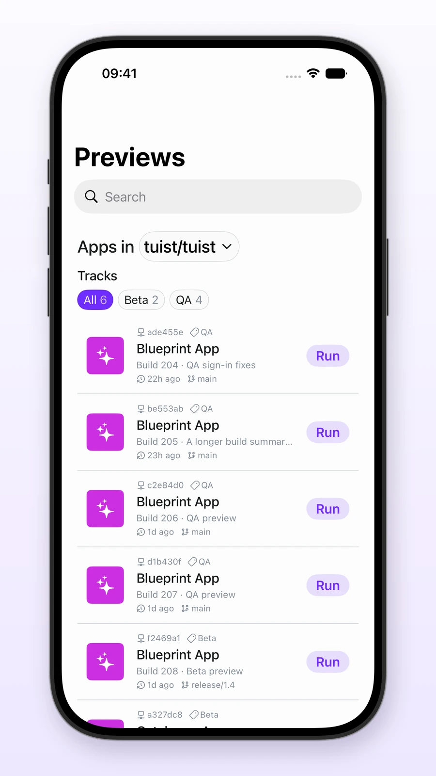 The Tuist iOS preview list in an iPhone 18 Pro frame, showing project selection, counted All, Beta, and QA tracks, and release-note summaries beside Run buttons