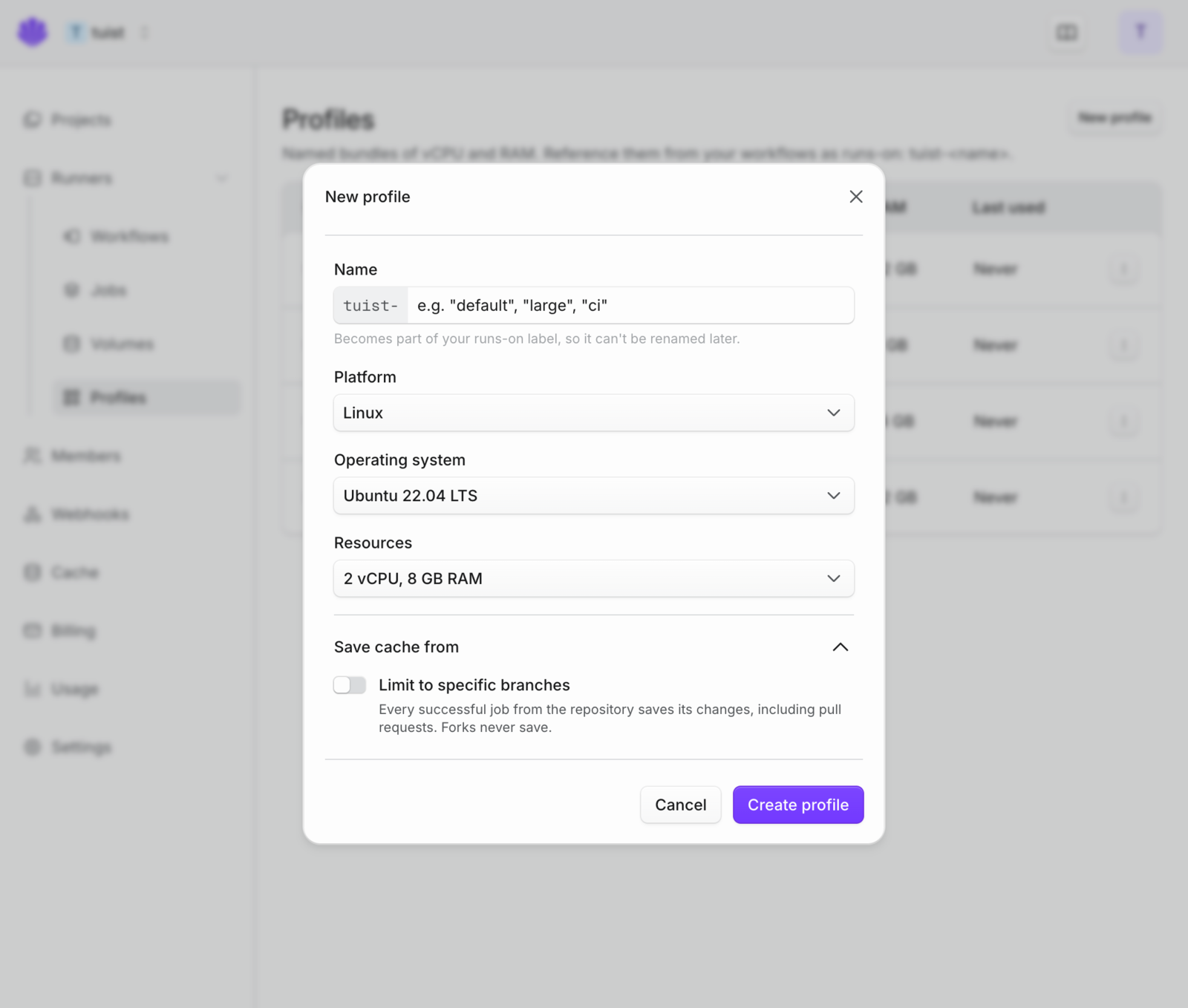 The new runner profile form with the Save cache from section expanded and Limit to specific branches turned off