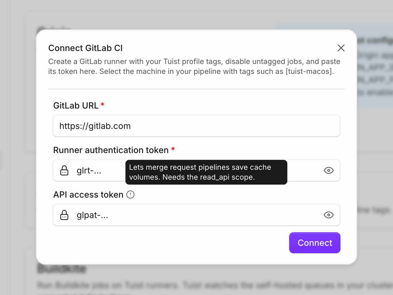 The Connect GitLab CI form with the GitLab URL and runner authentication token marked as required, and the help tooltip of the new API access token field open