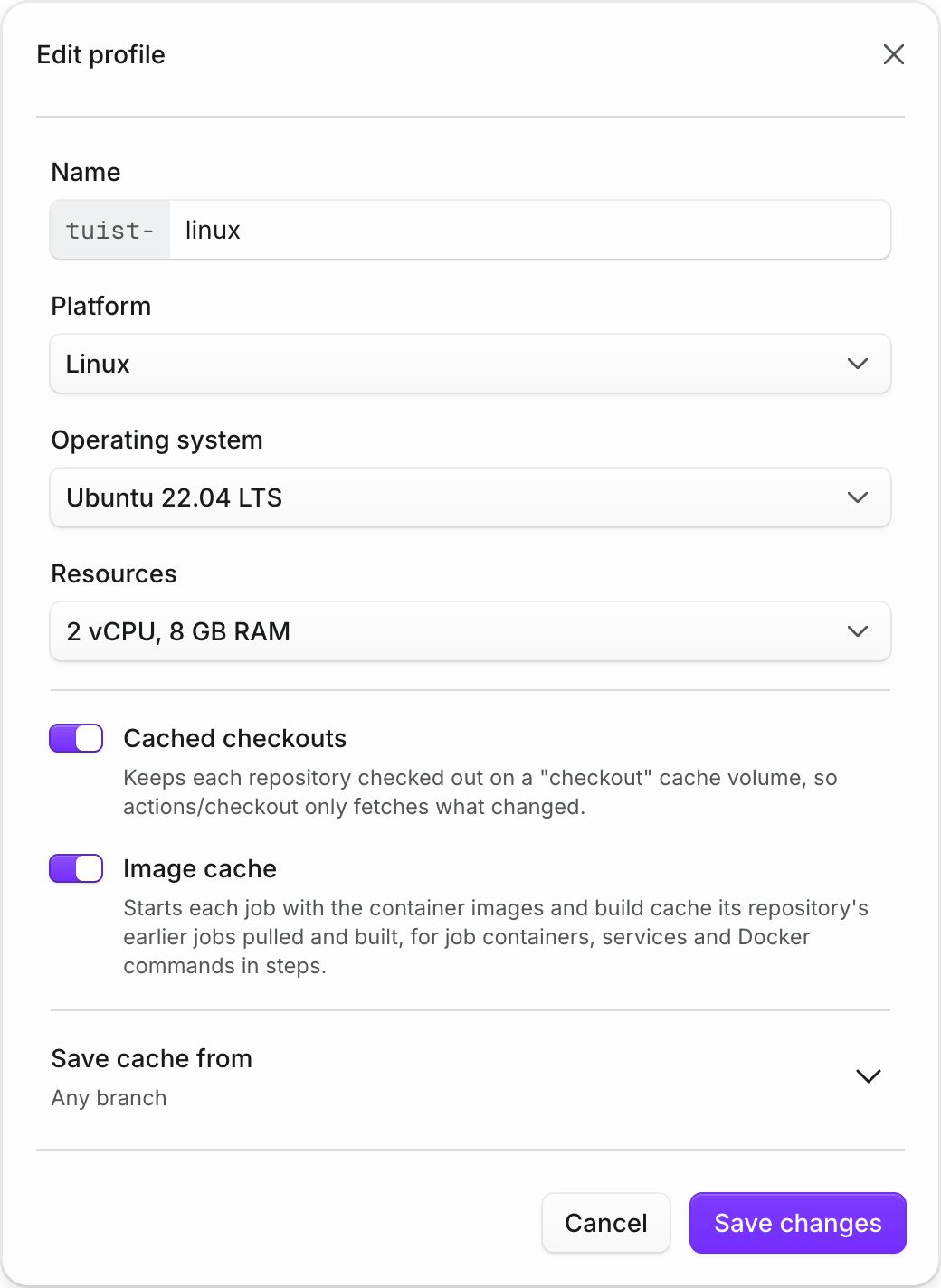 The runner profile form for a Linux profile with Image cache turned on